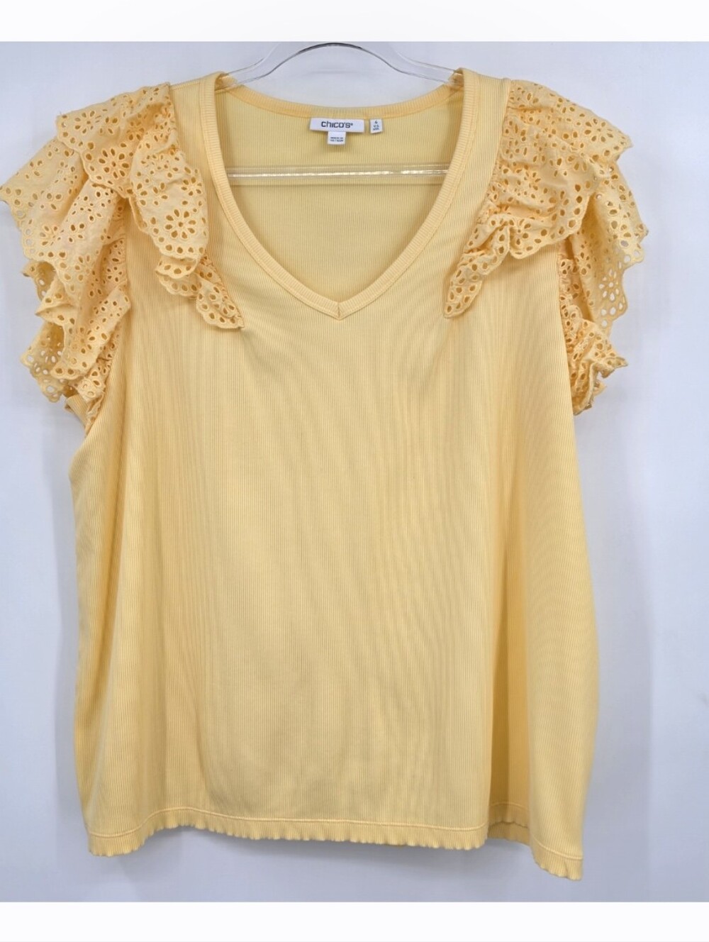 Chicos 4 Ribbed Eyelet Flutter Sleeve Tee XXL Yellow V Neck